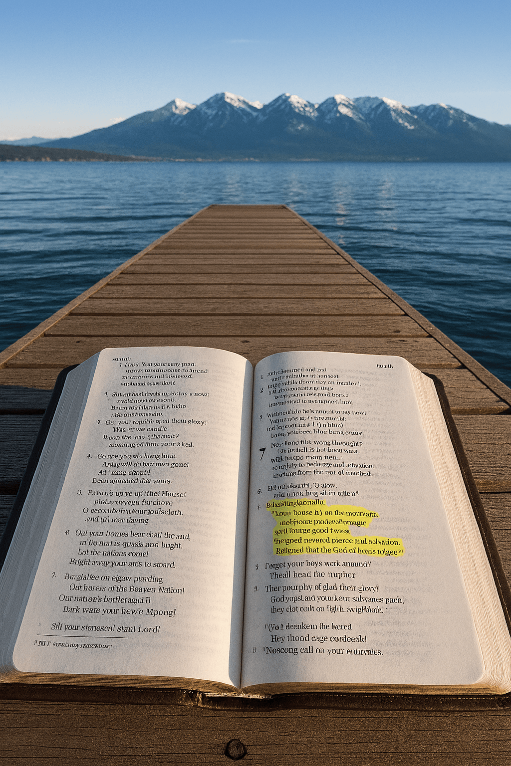 An open Bible resting on a wooden dock overlooking a serene lake with snow-capped mountains in the background